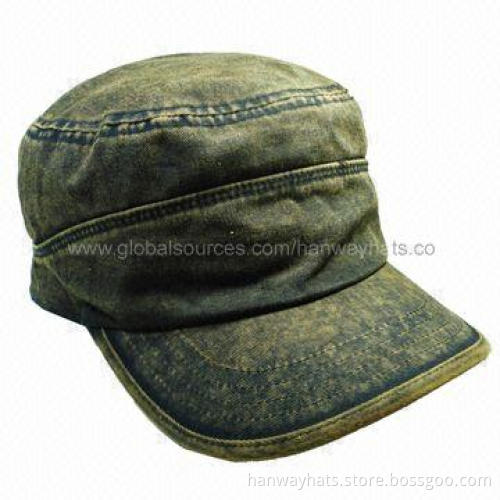 Fashionable Denim German Military Cap with Tea Stain Wash Allover the Cap